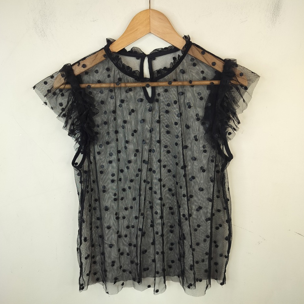 Black Sheer Mesh Top M / L Polka Dot Ruffle Sleeve Gothic Black
